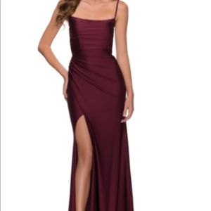 La femme Square Neck Shiny Jersey Gown. Dark Berry. Size 2.